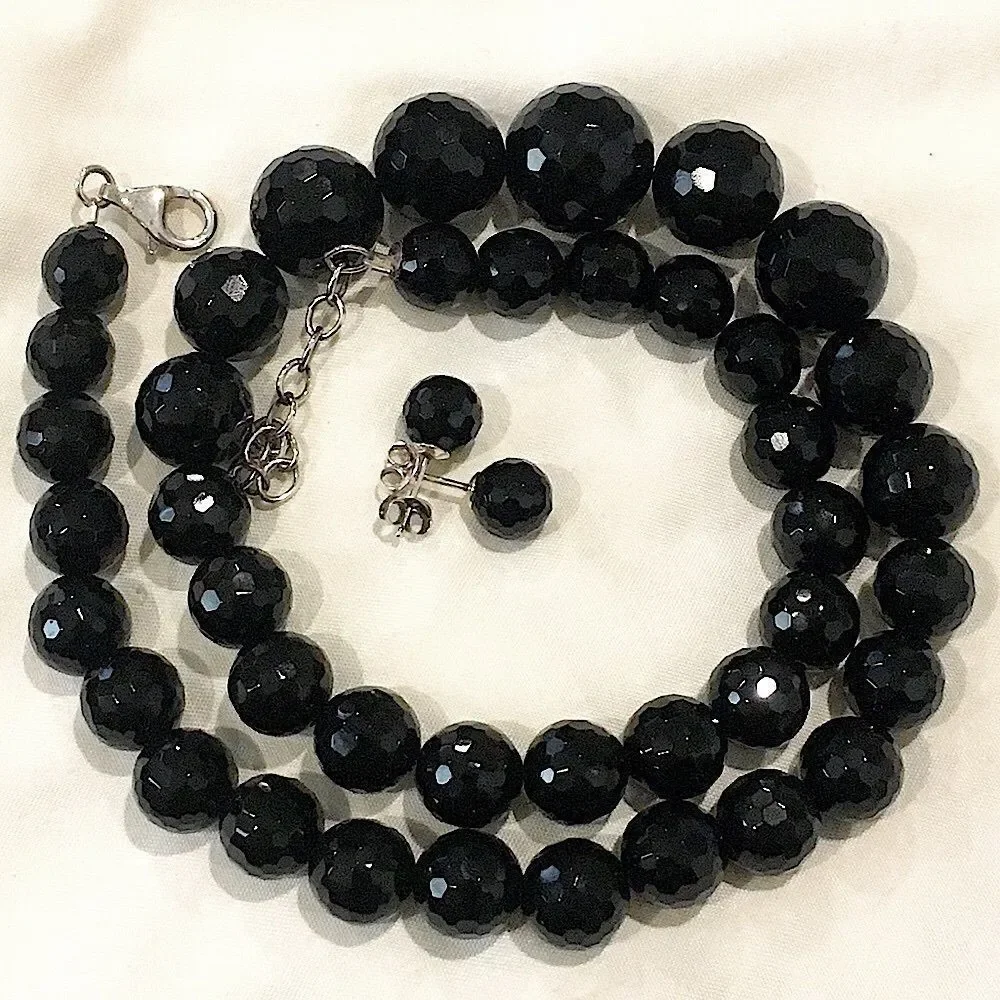 Vintage Black Onyx Faceted Necklace & Faceted Onyx Sterling Silver Earrings Set